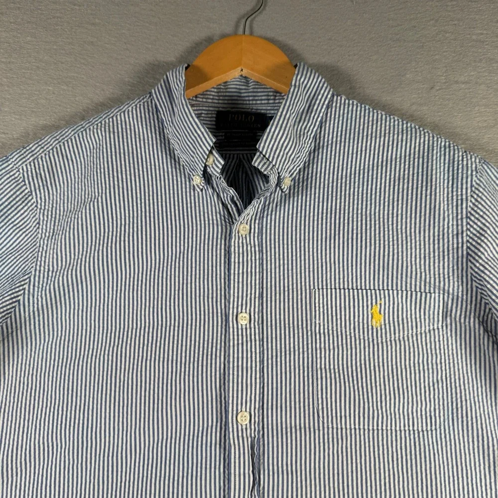Polo Ralph Lauren Men Blue White Seersucker Short Sleeve Button Down Shirt Large
